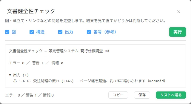 MarkNext の文書健全性チェックが図の縮小率を警告している画面