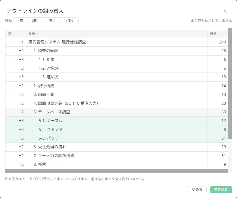 MarkNext のアウトライン組み替え画面で、子節を持つ節を選択している様子